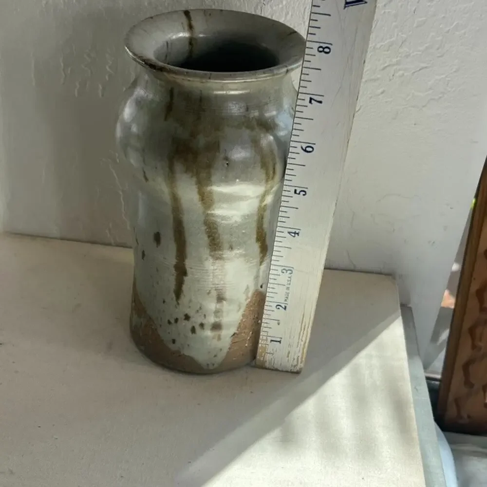 Studio Art Pottery Stoneware Tall Vase Glaze Brown Drips Signed By Carol R.